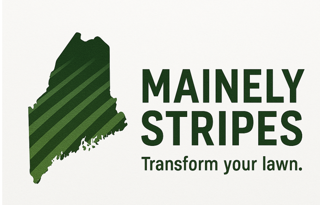 Mainely Stripes logo: Maine outline with lawn stripes